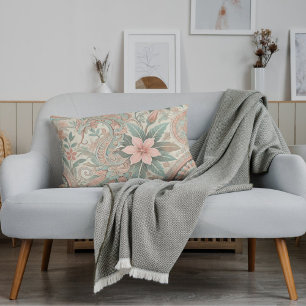 Indonesian Batik Floral Pattern Boho Pink Blue Lumbar Pillow