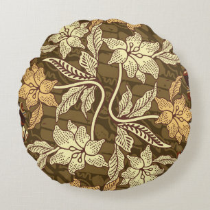 Indonesian batik motifs with flora and fauna patte round pillow
