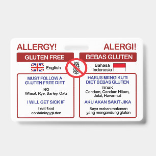 INDONESIAN Gluten Free Travel Card   Allergy Badge