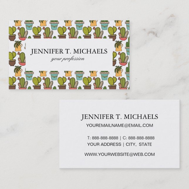 Indoor Cactus & Succulents In Pots Pattern Business Card (Front/Back)