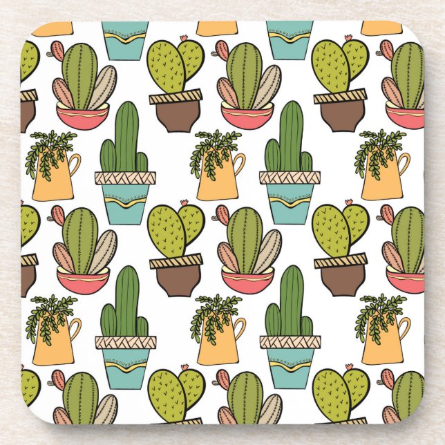 Indoor Cactus & Succulents In Pots Pattern Coaster (Front)