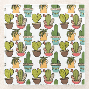 Indoor Cactus & Succulents In Pots Pattern Glass Coaster