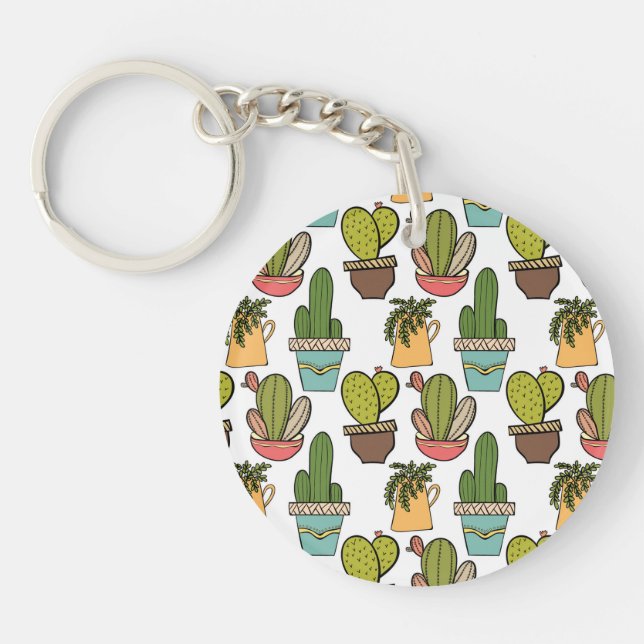 Indoor Cactus & Succulents In Pots Pattern Keychain (Front)