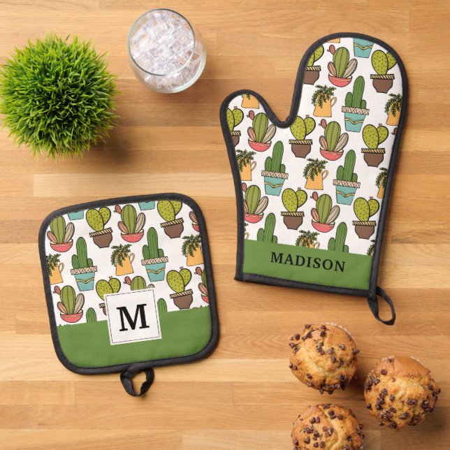 Indoor Cactus & Succulents In Pots Pattern Oven Mitt & Pot Holder Set (Top Down)