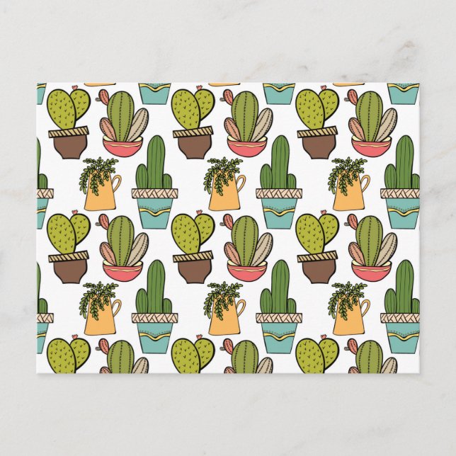 Indoor Cactus & Succulents In Pots Pattern Postcard (Front)