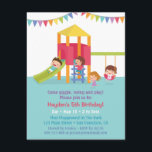 Indoor Playground Kids Birthday Party Invitations<br><div class="desc">Come giggle, swing and play! It is going to be a fun day for the kids by hosting the birthday party at an indoor playground. This colourful invitation has cute boys and girls having fun at an indoor playground on the slide and swing! Colourful bunting flags hang up above. Personalize...</div>