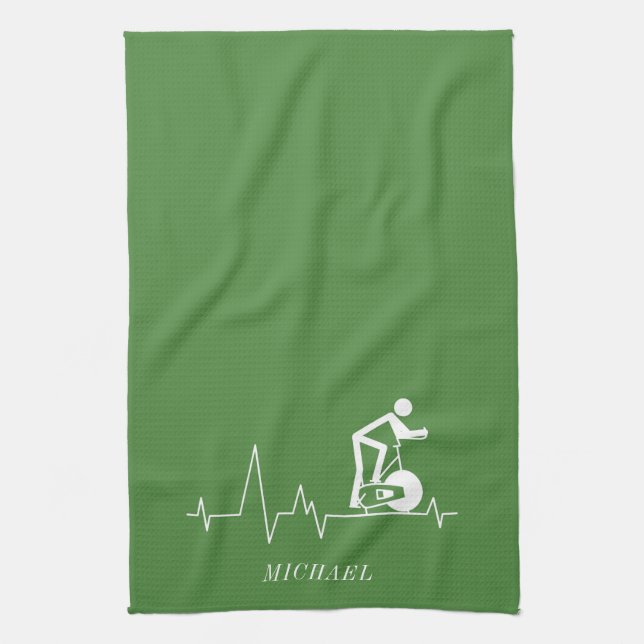 Indoor Spinning Cycle Heartbeat Personalized Green Kitchen Towel (Vertical)