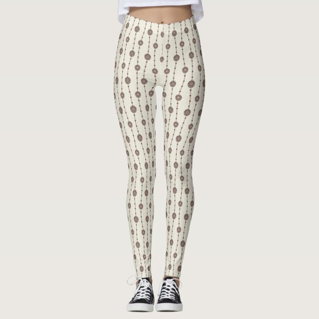 Indulgent Ophelia Floral Beads Chain Stripes Cream Leggings (Front)
