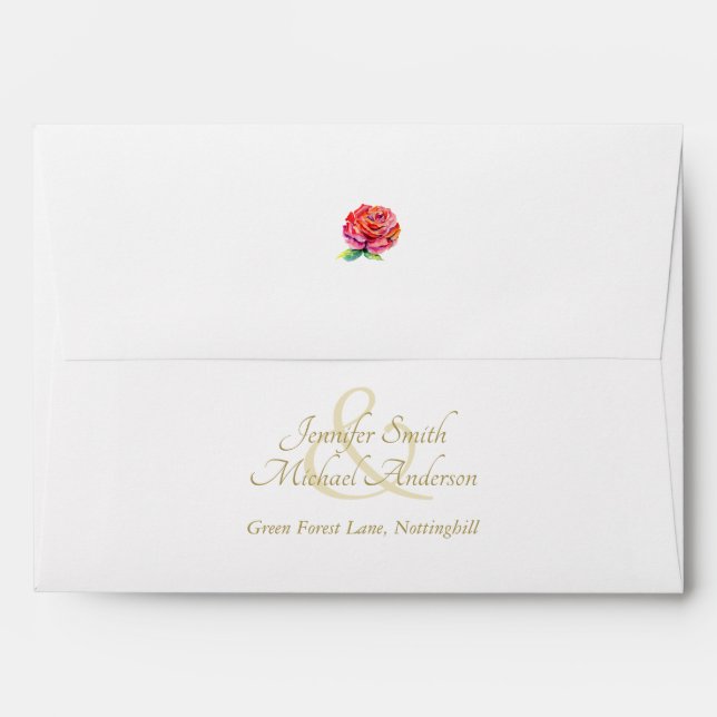Indulgent Red Rose Watercolor Gold Wedding Envelope (Back (Top Flap))