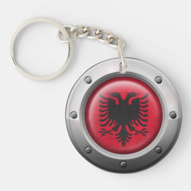 Industrial Albanian Flag with Steel Graphic Keychain (Front)