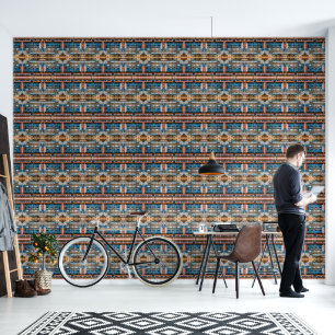 Industrial architecture in blue and rust large wallpaper
