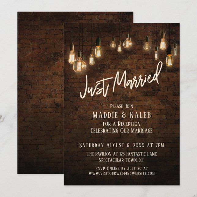 Industrial Brick with Edison Lights, Just Married Invitation (Front/Back)