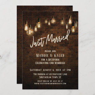 Industrial Brick with Edison Lights, Just Married Invitation