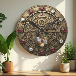 Industrial Clock, Family Photo, Gears, Steampunk Round Clock
