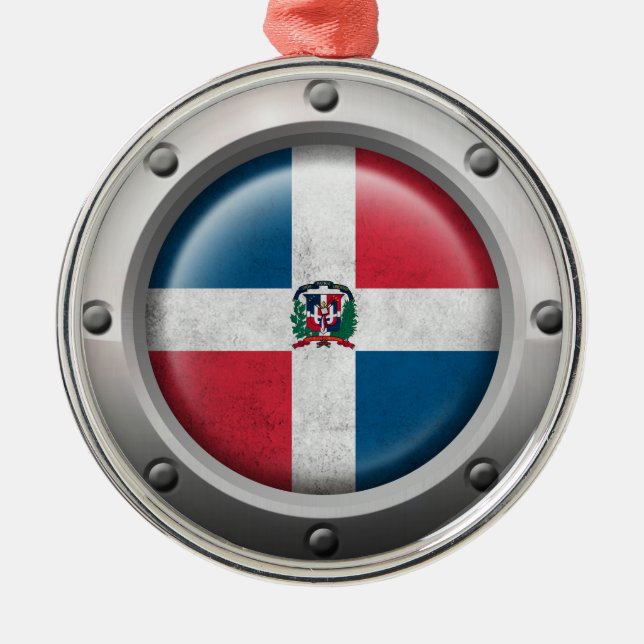Industrial Dominican Republic Flag Steel Graphic Metal Ornament (Front)