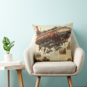 Industrial Fantasy Copper Zeppelin City Blueprint Throw Pillow