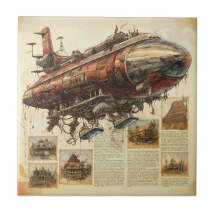 Industrial Fantasy Copper Zeppelin City Blueprint Tile