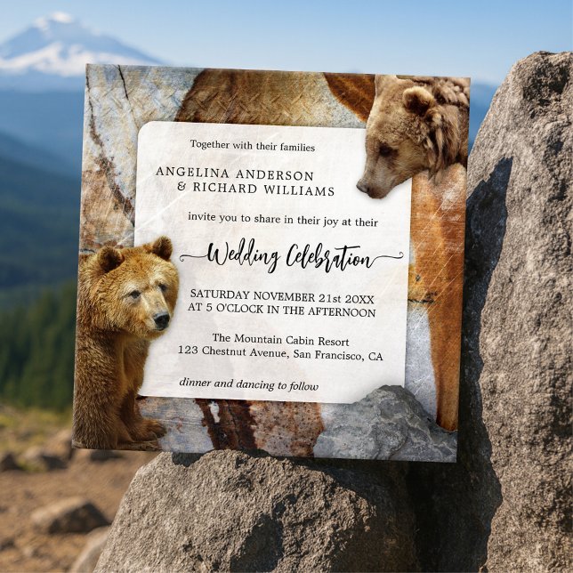 Industrial Granite Bear Wedding Invitation (Industrial design wedding invitation featuring bears on a granite stone background)