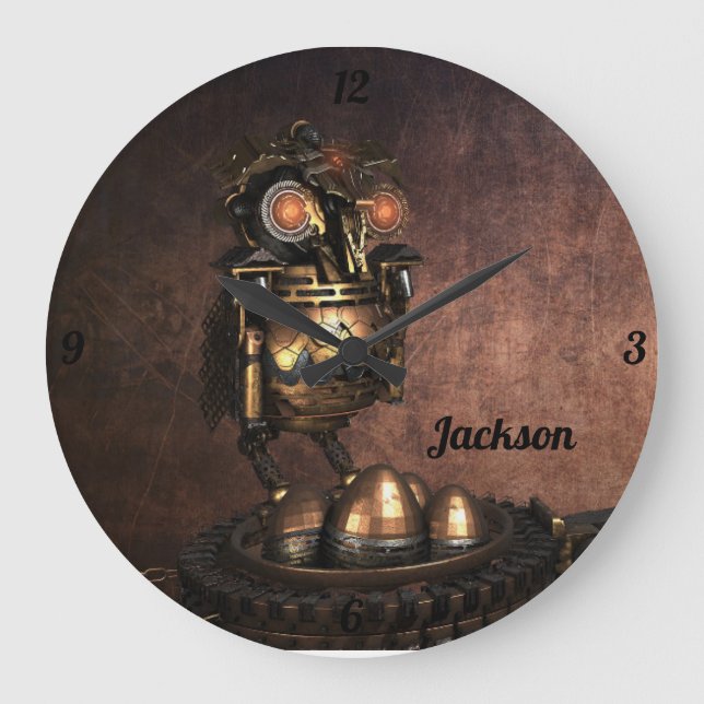 Industrial Steampunk Owl and Eggs Large Clock (Front)