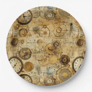 Industrial Steampunk Timepiece Sepia Brass Paper Plate