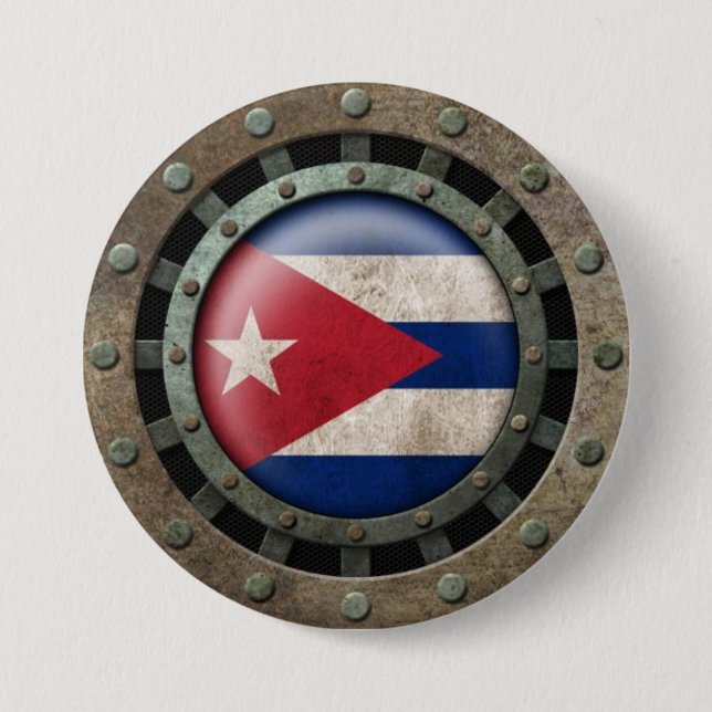Industrial Steel Cuban Flag Disc Graphic 3 Inch Round Button (Front)