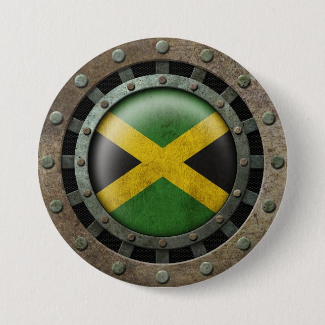 Industrial Steel Jamaican Flag Disc Graphic 3 Inch Round Button (Front)