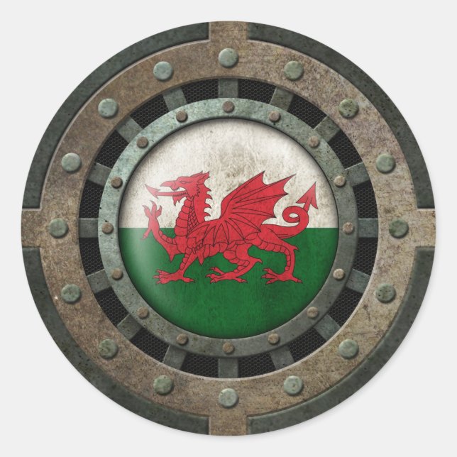 Industrial Steel Welsh Flag Disc Graphic Classic Round Sticker (Front)