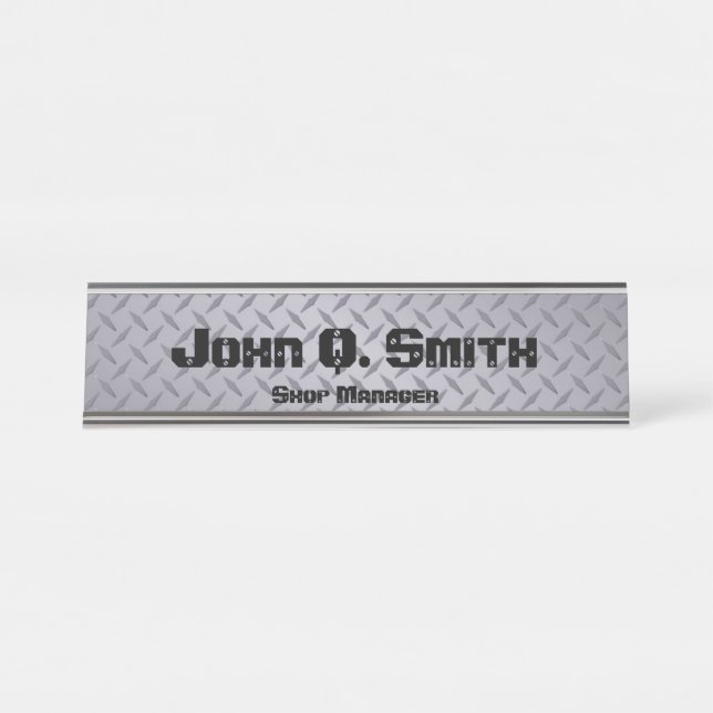 Industrial Style Personalized Grey Diamondplate Desk Name Plate (Front)