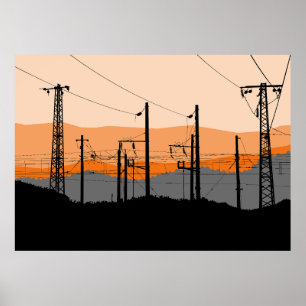  Industrial Sunset Silhouette Power Lines  Poster