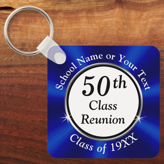 Inexpensive, 50 Year Class Reunion Souvenirs, Blue Keychain (Front)