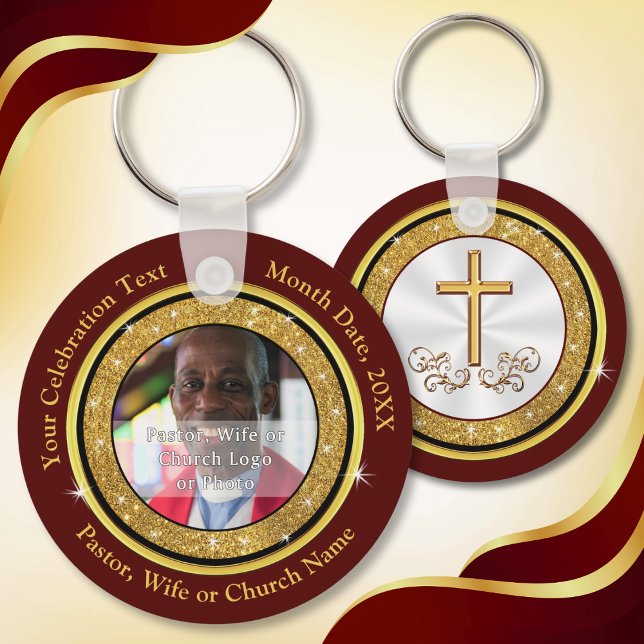 Inexpensive, Favours for Church Anniversary,  Keychain (Inexpensive Church party favors. Personalized Photo Keychains. Small gifts for church members. Gold.)
