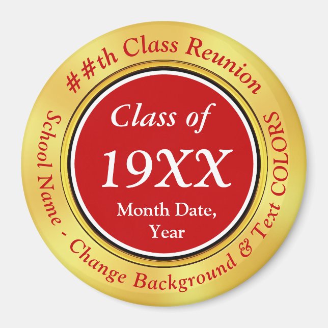Inexpensive Red, White, Gold, Class Reunion Favour Magnet (Front)