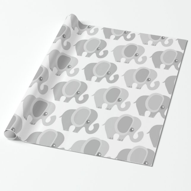 Infant Baby Neutral Grey Elephant Shower Gift Wrapping Paper (Unrolled)