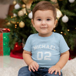 Infant Boy Name Jersey Number Sports Soft Cotton Baby T-Shirt<br><div class="desc">Create your own custom, personalized, cool, unisex sizing, modern, stylish white typography / font / script, monogrammed player name jersey number classy baby blue, 100% combed ring spun fine jersey soft cotton t-shirt tee shirt. Simply type in your name / kids name / player name and player jersey number, to...</div>