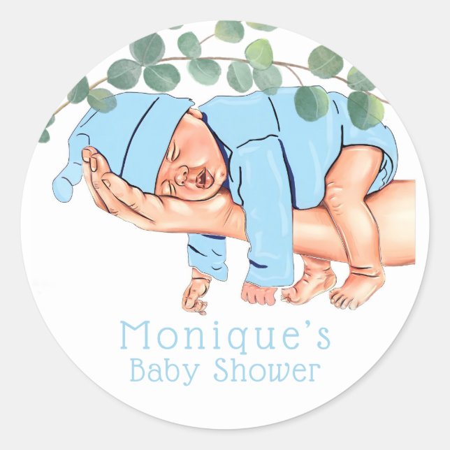 Infant Boy On Mom’s Arm Baby Shower Custom Classic Round Sticker (Front)