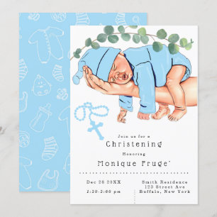 Infant Boy on Mommy Arms Rosary Blue Christening Invitation