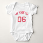 Infant Girl Name Jersey Number Sports Soft Cotton Baby Bodysuit<br><div class="desc">Create your own custom, personalized, cool, unisex sizing, modern, stylish dark pink typography / font / script, monogrammed player name jersey number classy white, 100% combed ring spun cotton super soft one-piece / bodysuit / infant creeper, with EasyTear™ label, a neckband that is designed for easy on-and-off, and reinforced three-snap...</div>