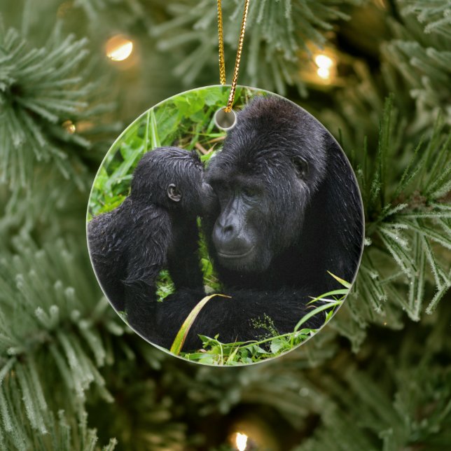 Infant Mountain Gorilla Kisses Silverback Gorilla Ceramic Ornament (Tree)