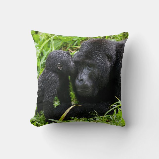 Infant Mountain Gorilla Kisses Silverback Gorilla Throw Pillow (Front)