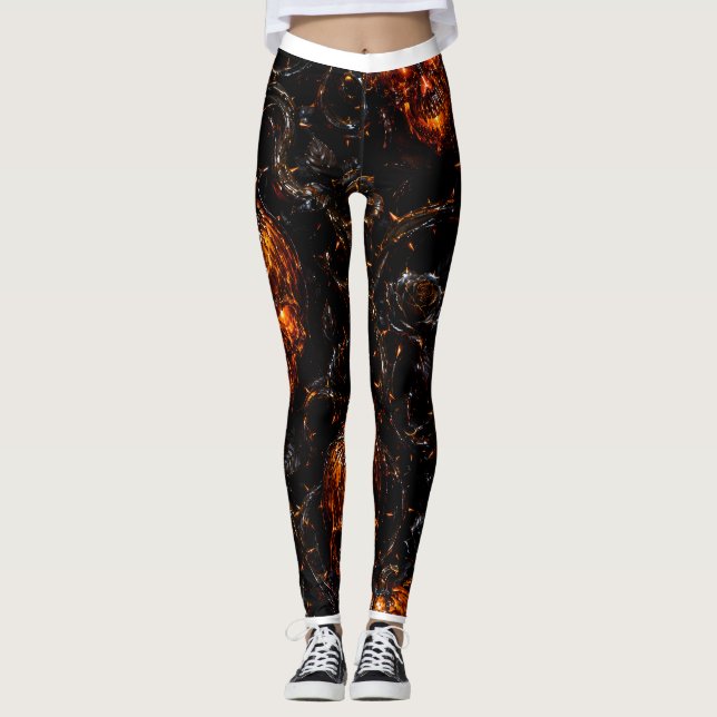 Infernal Vine Pumpkin Skull Halloween Leggings (Front)