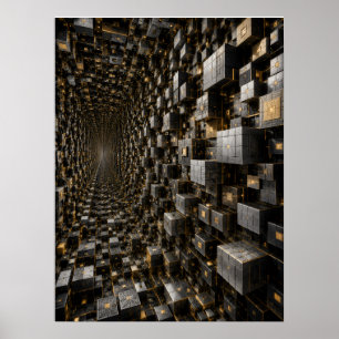 Infinite Futuristic Black Gold Cube Tunnel Poster