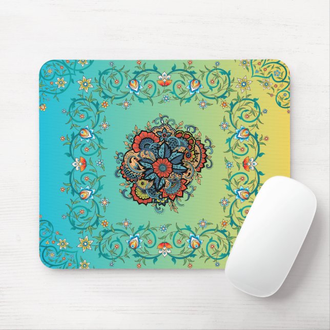 Infinite Splendour – Green Mehndi Floral Design Mouse Pad (With Mouse)