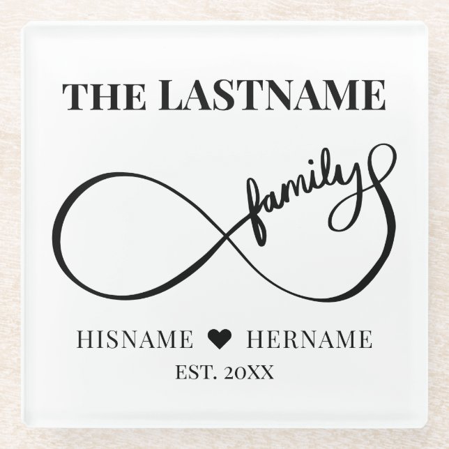 Infinity Personalized Family Name and Est. Date Glass Coaster (Front)