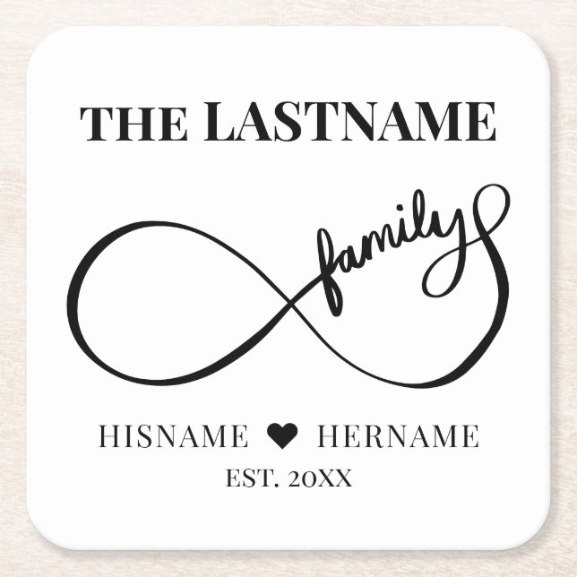 Infinity Personalized Family Name and Est. Date Square Paper Coaster (Front)