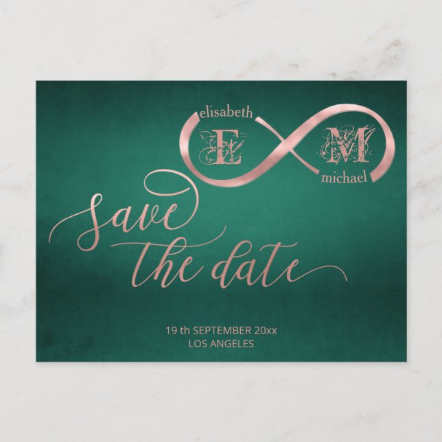 Infinity rose gold romantic monogram calligraphy a announcement postcard (Front)