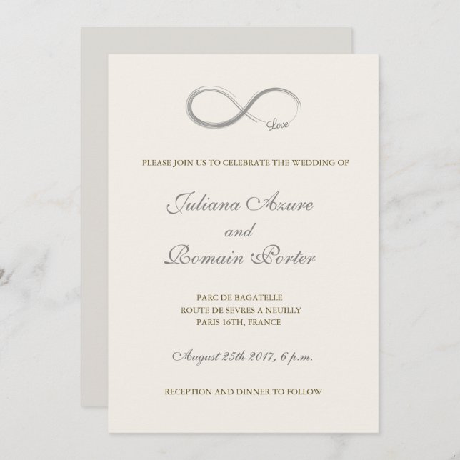 Infinity sign ivory white grey minimalist Wedding Invitation (Front/Back)