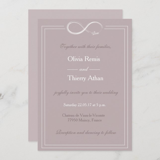 Infinity sign unique blush grey white wedding invitation (Front/Back)