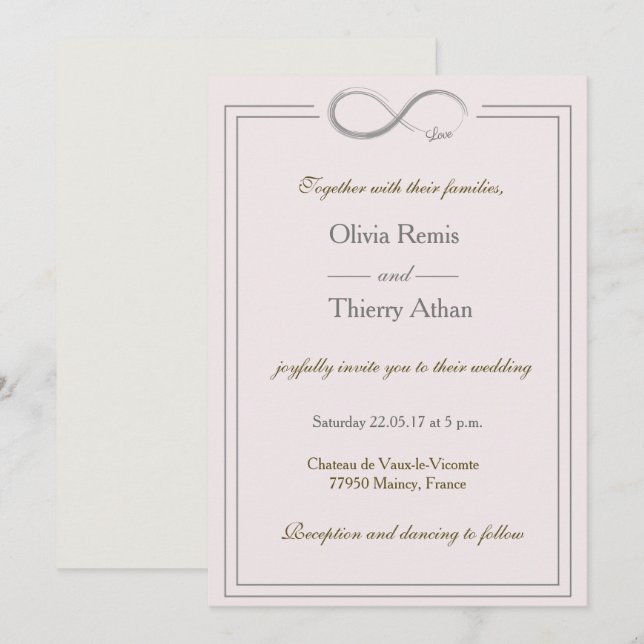 Infinity sign unique blush pink gold grey wedding invitation (Front/Back)