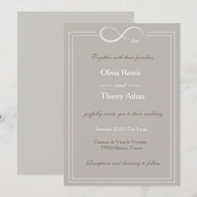 Infinity sign unique grey white taupe wedding invitation (Front/Back)