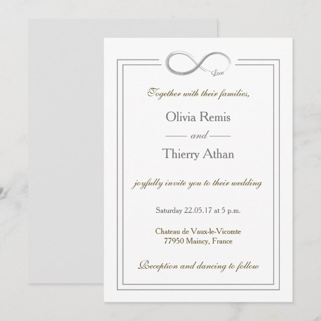 Infinity sign unique pure white gold grey wedding invitation (Front/Back)